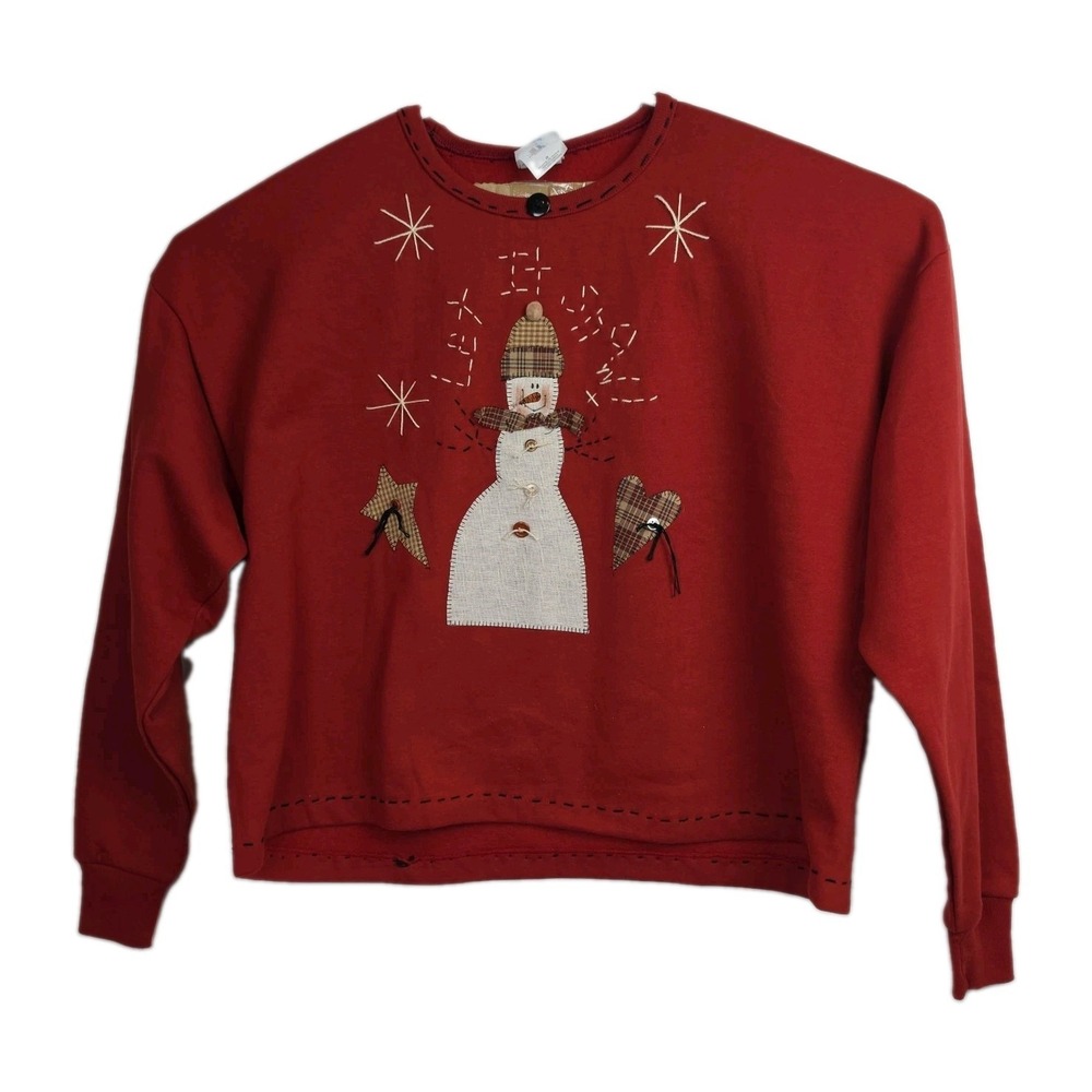 Vintage Jerzees Christmas Snowman Sweatshirt Womens 2X Red Embroidered